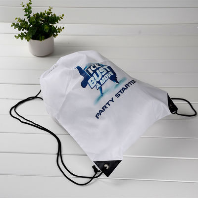 White Printed 210D Polyester PU Corner Drawstring Packaging Bags