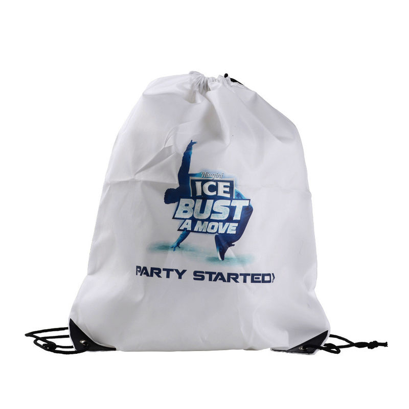 White Printed 210D Polyester PU Corner Drawstring Packaging Bags